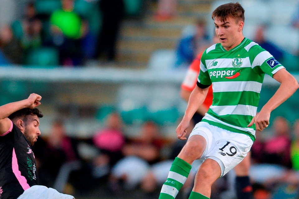 Sean Boyd of Shamrock Rovers in action against Shane Dunne of Wexford Youths. Photo: Eóin Noonan/Sportsfile
