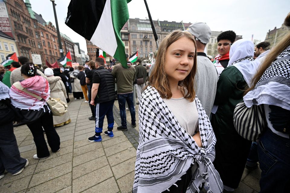 Climate activist Greta Thunberg takes part in the Stop Israel protest in Malmo yesterday. Photo: Reuters