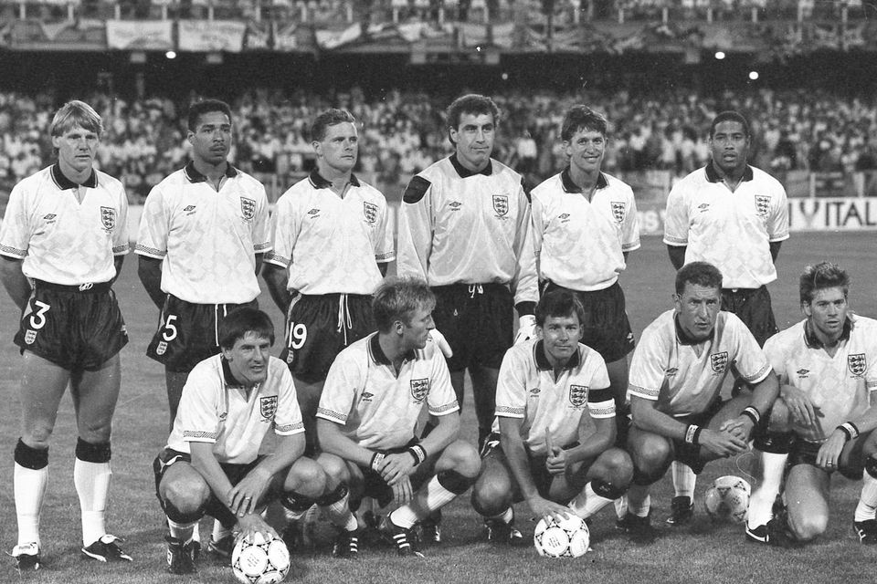 The England football team who played Ireland in the World Cup Italia '90. The match took place in Stadio Sant'Elia in Cagliari. The England team were: Peter Shilton, Gary Stevens, Stuart Pearce, Des Walker, Terry Butcher, Bryan Robson, Chris Waddle, Paul Gascoigne, Peter Barnes, Gary Lineker (Steve Bull 83'), Peter Beardsley (Steve McMahon 69')