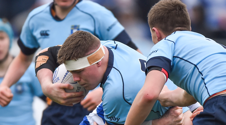 Blackrock's Jack Boyle is tackled by Shane Murray of St. Michaels College during the Bank of Ireland Leinster Schools Junior Cup Final. Photo: Matt Browne/Sportsfile
