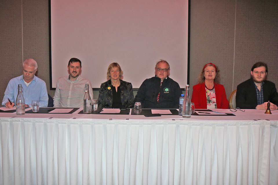 l-r: Dr Karl Richards (Teagasc), Jonathan Hughes (Sustainability), Grace O'Sullivan MEP, Jer O'Mahoney (Wexford IFA), Breda Cahill (Wexford ICA) and Brendan Cahill Flynn at the public meeting at the Riverside Park Hotel.
