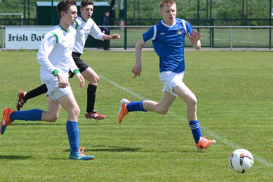 19/05/15. Adam Riordan during the Under 15s soccer final between Colaiste Phadraig CBS and Templeouge College at Peamount Utd.
Pic: Justin Farrelly.