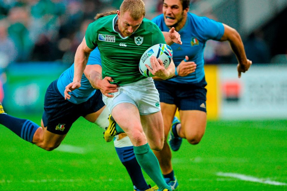 4 October 2015; Keith Earls, Ireland, is tackled by Michele Campagnaro, Italy. 2015 Rugby World Cup, Pool D, Ireland v Italy. Olympic Stadium, Stratford, London, England. Picture credit: Brendan Moran / SPORTSFILE