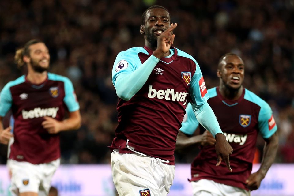 Pedro Obiang, pictured centre, opened the scoring for West Ham