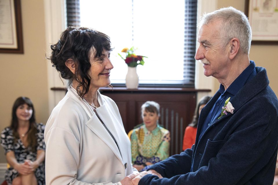 Dr Margaret Connolly and Mayor of Sligo, Cllr Declan Bree exchange wedding vows in the Mayor's Parlour at City Hall.