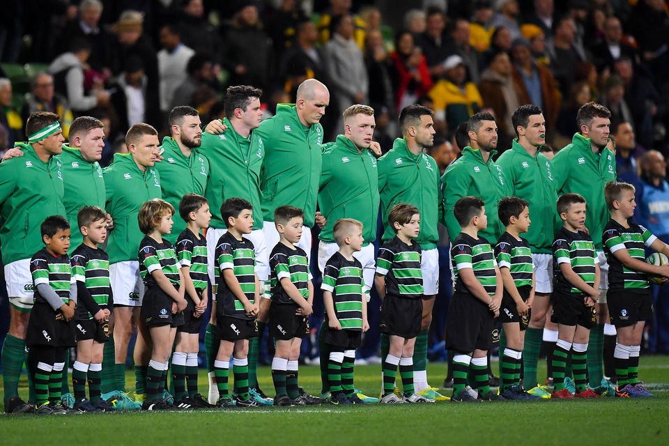 16 June 2018; The Ireland team stand for the national anthem prior to the 2018 Mitsubishi Estate Ireland Series 2nd Test match between Australia and Ireland at AAMI Park, in Melbourne, Australia. Photo by Brendan Moran/Sportsfile