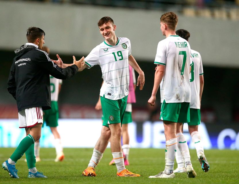 Mason Melia, centre, and Luke Kehir of Republic of Ireland after the UEFA European U17 Championship Final Tournament match against Hungary.