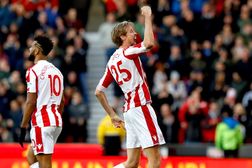 Stoke's Peter Crouch celebrates scoring his side's second goal against Leicester