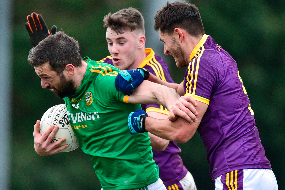 Michael Newman of Meath in action against Glen Malone and Niall Hughes of Wexford during the O’Byrne Cup match earlier this month Pic: Sportsfile
