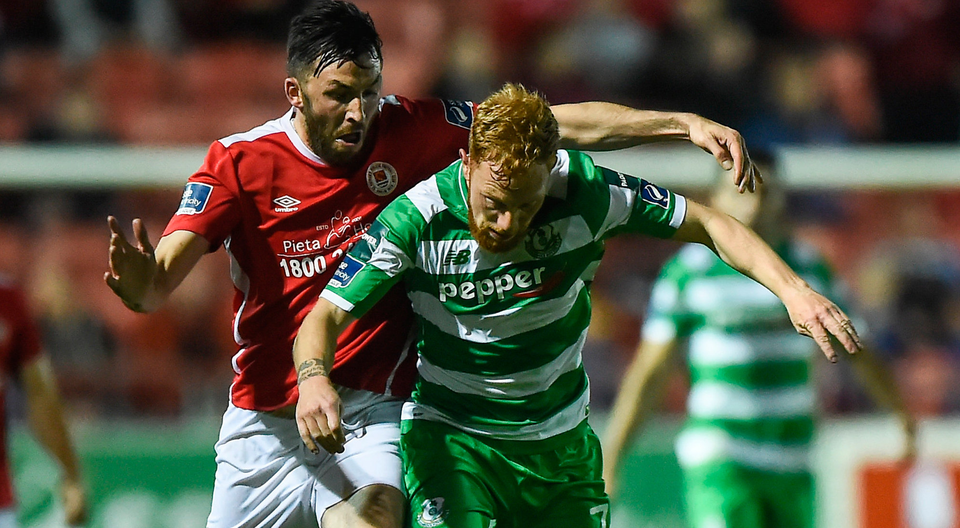 Shamrock Rovers' Ryan Connolly in action against St Patrick’s Athletic's Killian Brennan. Photo: Sportsfile