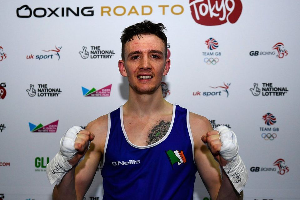 Brendan Irvine of Ireland following victory in the Men's Flyweight 52KG Preliminary round bout against Istvan Szaka of Hungary on Day Three of the Road to Tokyo European Boxing Olympic Qualifying Event at Copper Box Arena in Queen Elizabeth Olympic Park, London, England. Photo: Harry Murphy/Sportsfile