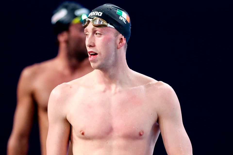 Daniel Wiffen of Ireland after competing in the Men's 800m freestyle heats during day three of the World Aquatics Championships in Doha, Qatar. Photo: Ian MacNicol/Sportsfile