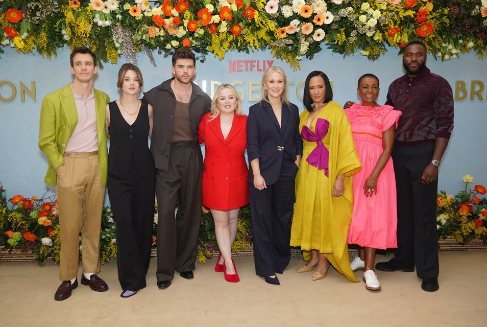 Luke Thompson, Claudia Jessie, Luke Newton, Nicola Coughlan, Jess Brownell, Golda Rosheuvel, Adjoa Andoh, and Martins Imhangbe attend a screening of series three of the Netflix period drama Bridgerton (Yui Mok/PA)