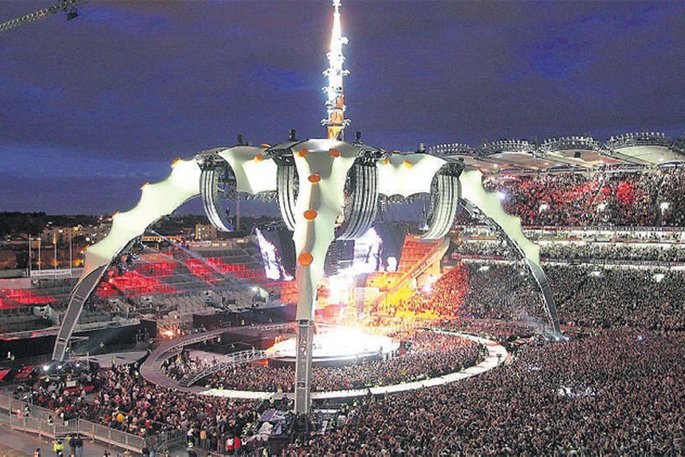 U2 set the 'Claw' stage alight with their 360° Tour live performance at Croke Park in Dublin last night. Photo: FRANK McGRATH