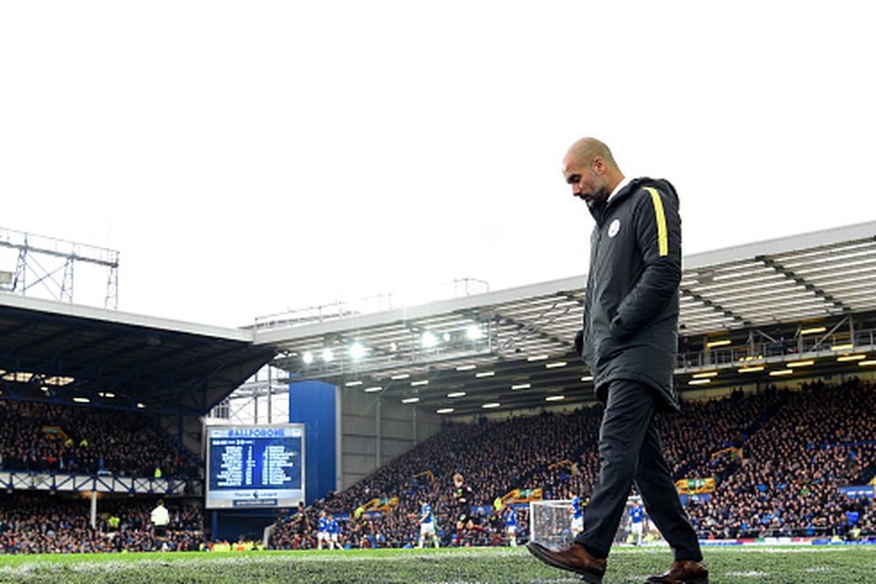 LIVERPOOL, ENGLAND - JANUARY 15:  Josep Guardiola, Manager of Manchester City looks on during the Premier League match between Everton and Manchester City at Goodison Park on January 15, 2017 in Liverpool, England.  (Photo by Michael Regan/Getty Images)