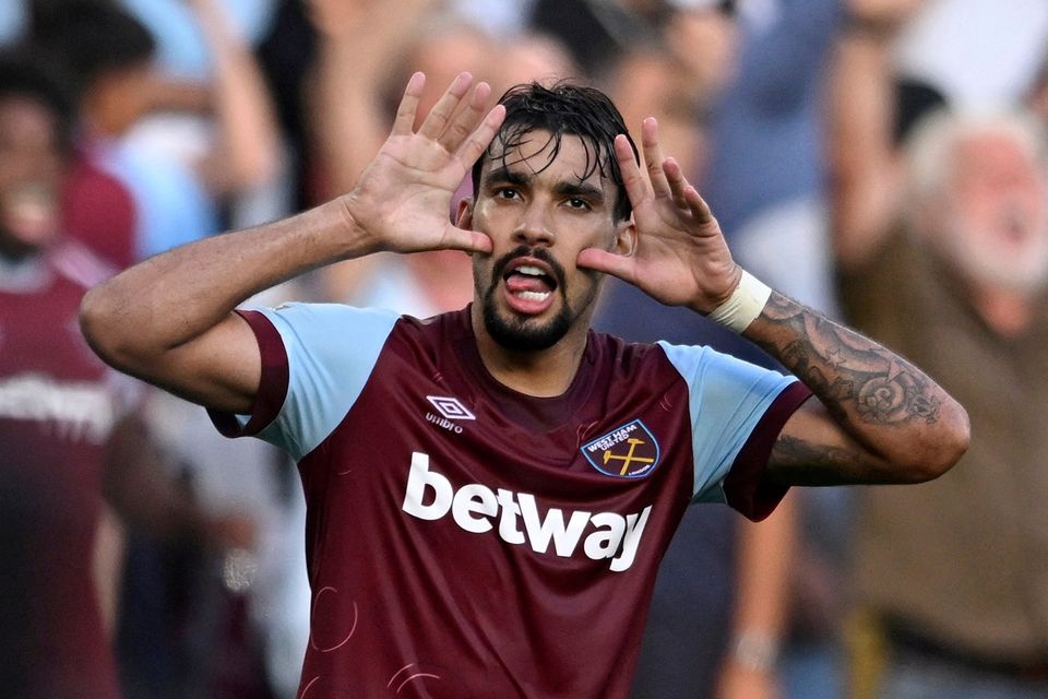 West Ham United's Lucas Paqueta celebrates scoring their third goal 