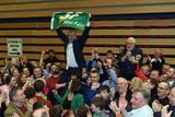 thumbnail: 9-2-2020: Sinn Fein's Pa Daly celebrates with outgoing TD Martin Ferris after being elected at the Kerry count centre in Killarney on Sunday.
Photo: Don MacMonagle