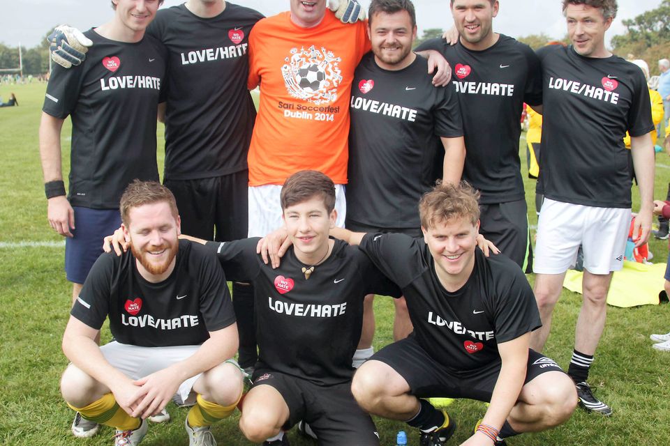14/09/14
Cast of Love/Hate including Aidan Gillen, Peter Coonan, Stuart Carolan, Laurence Kinlan, Barry Keoghan, Johnny Ward took part in The Sport Against Racism Ireland (SARI) Soccerfest All Stars match, which is part of the 18th Annual SARI Soccerfest
Tournament which place in the Phoenix Park, Dublin this afternoon.
Pic Stephen Collins/Collins Photos