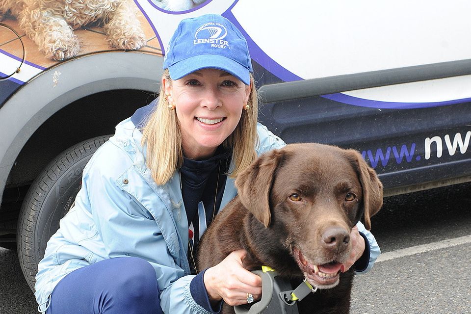 Linda Parker with Harvey pictured at the start of the annual NWSPCA Charity Dog Walk outside Maxi Zoo on Sunday. Pic: Jim Campbell