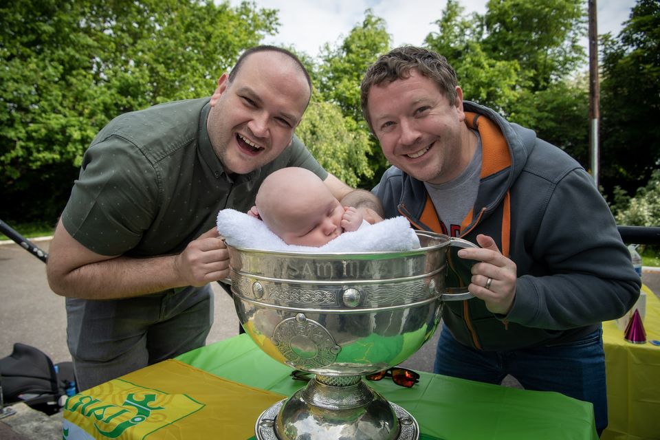 Ben and husband Joe with their eight-week-old son, Tadhg. Photo by Domnick Walsh.