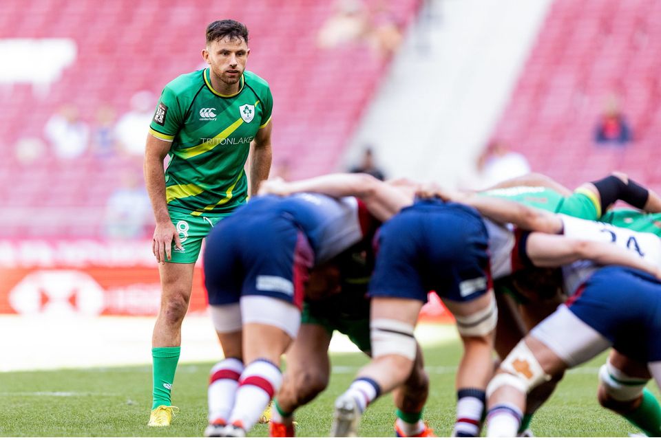 Ireland's Hugo Keenan watches a maul during the HSBC Men's SVNS 2024 Grand Finals Pool B match against Great Britain in Madrid earlier this month. Photo: Juan Gasparini/Sportsfile