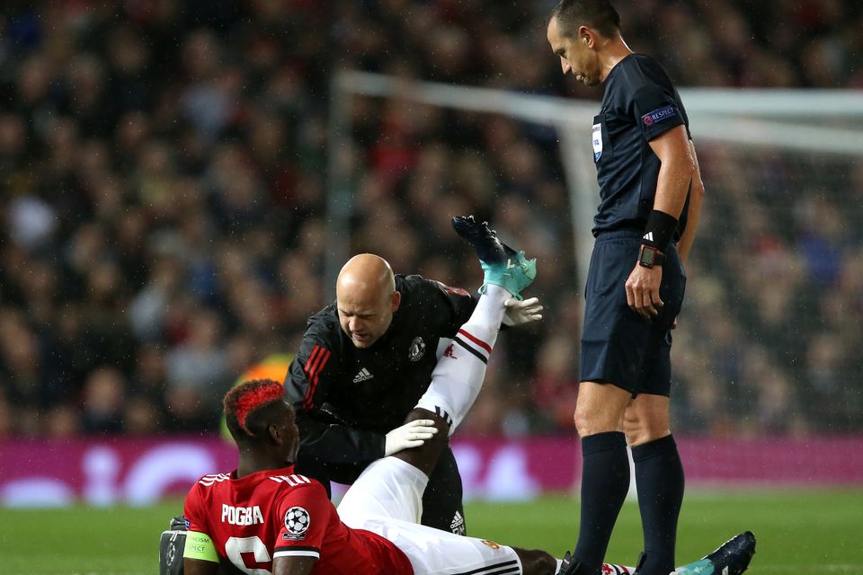 Paul Pogba was injured in Manchester United's Champions League return