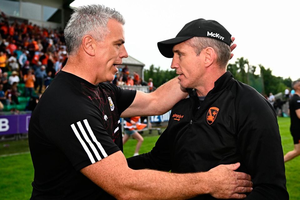 Galway manager Pádraic Joyce and Armagh manager Kieran McGeeney is pictured after the All-Ireland SFC round 3 match at Avant Money Páirc Seán Mac Diarmada in Carrick-on-Shannon, Leitrim