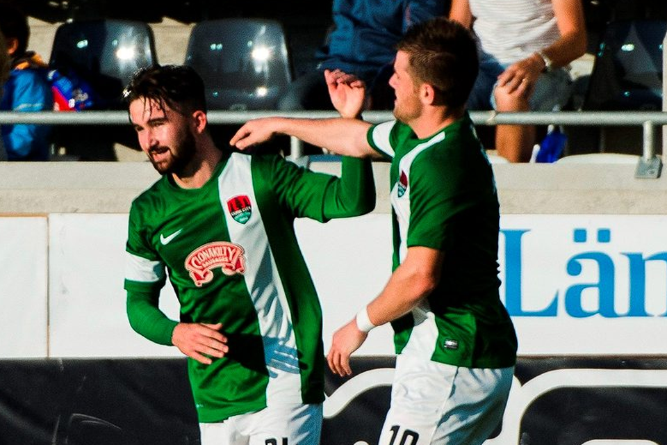 Cork City's Sean Maguire celebrates with team-mate Steven Beattie after scoring his side's first goal. Photo: Mathias Bergeld /Sportsfile