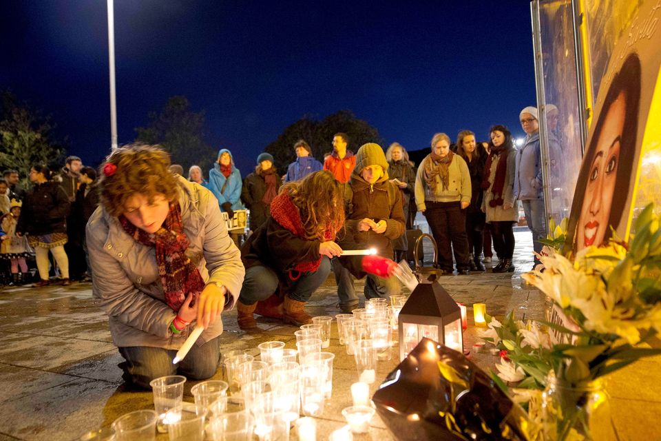 A vigil on the anniversary of the death of Savita Halappanavar in Eyre Square, Galway. Photo: Andrew Downes