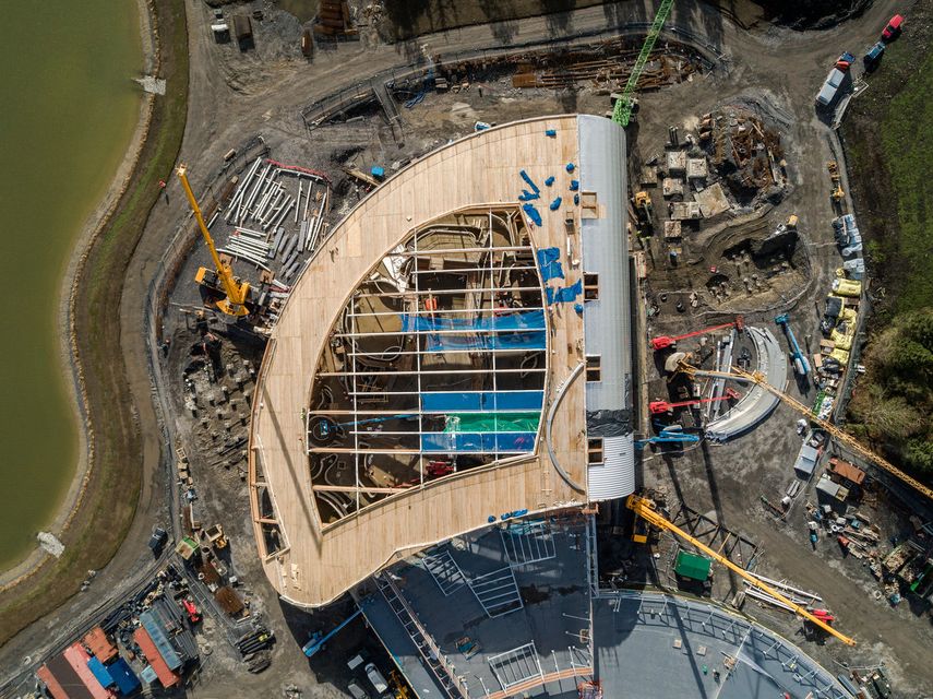 An aerial view of the subtropical Swimming Paradise under construction at Longford Forest. Photo: Arc Studios