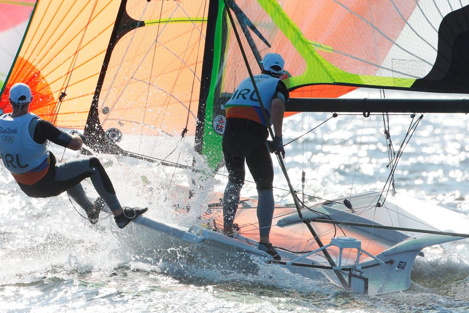 Ryan Seaton and Matt McGovern of Ireland in action during the second day of racing in the Men's 49er class on the Aeroporto course. Photo: Sportsfile
