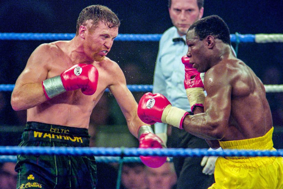 Chris Eubanks et Steve Collins se battent lors de leur combat pour le titre World Boxing Super Middleweight à Millstreet, Cork.  Photo : David Maher/SportsFile