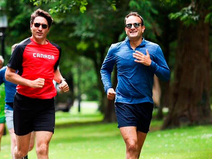 Leo Varadkar and Canadian prime minister Justin Trudeau jogging in Phoenix Park, Dublin.