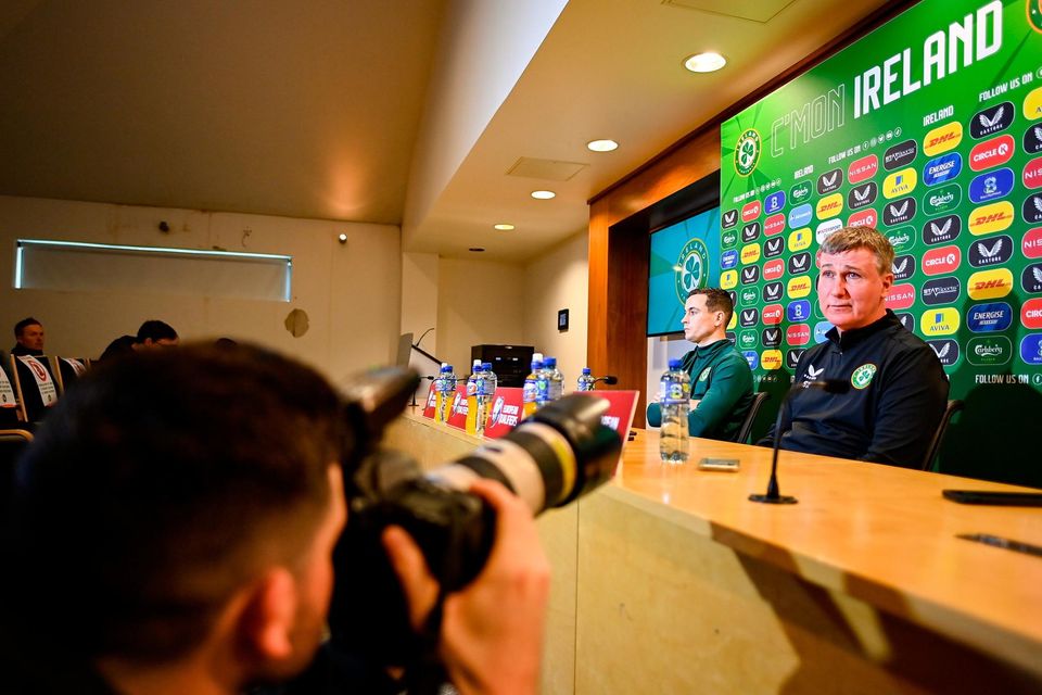 Ireland manager Stephen Kenny and Josh Cullen, left, during an press conference at FAI Headquarters in Abbotstown, Dublin. Photo by Stephen McCarthy/Sportsfile