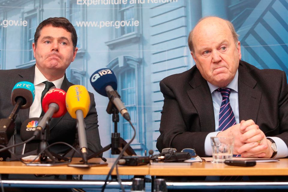 Public Expenditure Minister Paschal Donohoe (left) and Finance Minister Michael Noonan. Mr Donohoe is a measured politician, so his criticism of FF over its water charges stance is significant. Photo: Gareth Chaney/Collins