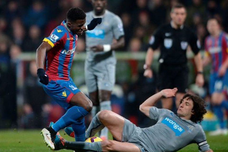 Newcastle United's Fabricio Coloccini tackles Palaces' Wilfred Zaha (left) during the Barclays Premier League match at Selhurst Park