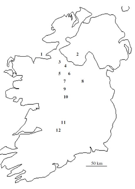 Map of Ireland showing sites where mussels were collected: 1) Sligo Bay 2) Lough Erne 3) Lough Arrow 4) Lough Meelagh 5) Lough Key 6) Shannon River A 7) Lough Forbes 8) Lough Sheelin 9) Lough Ree 10) Shannon River B 11) Lough Derg 12) Ardnacrusha