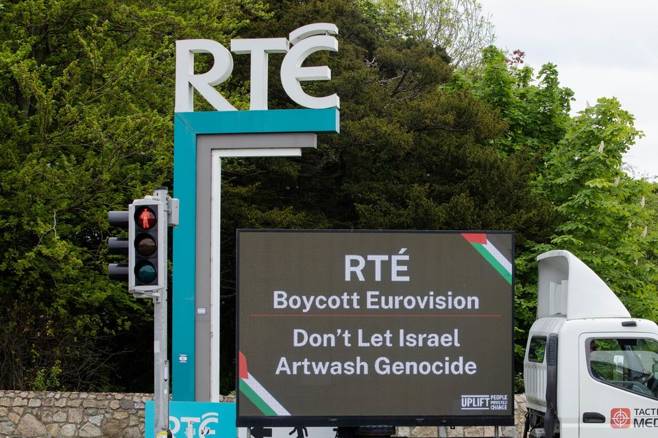 The mobile billboard parked at the entrance to RTÉ's Donnybrook campus. Photo: Gareth Chaney