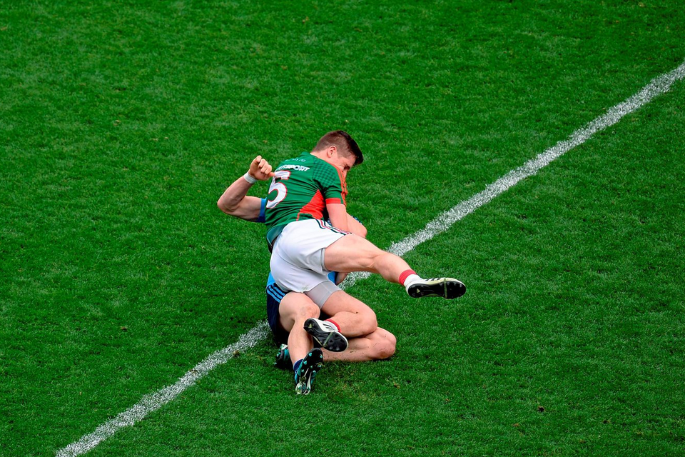 Lee Keegan and Diarmuid Connolly tussle in an incident which eventually saw Connolly sent off