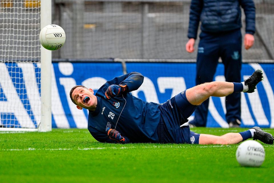 Stephen Cluxton, who has rejoined the Dublin panel at the age of 41, takes part in the pre-match warm-up at Croke Park yesterday before the game against Louth. Photo: Sportsfile