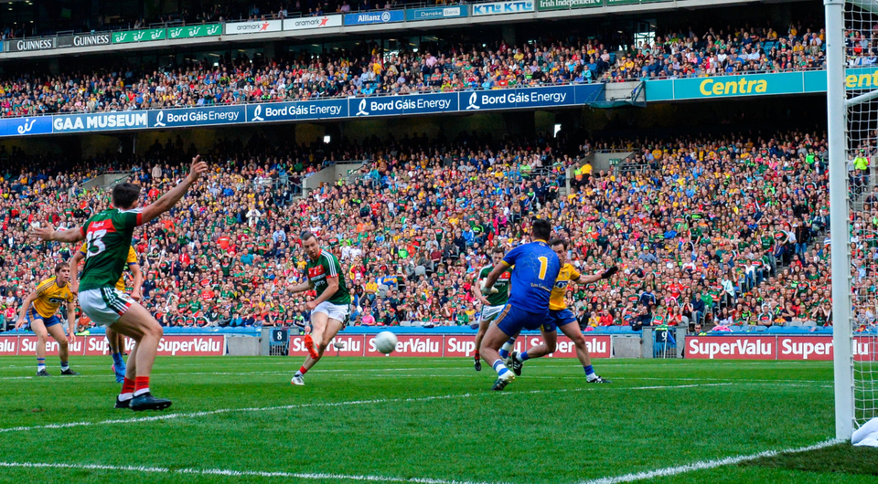 Mayo’s Keith Higgins scores his side’s third goal against Roscommon in the All-Ireland SFC quarter-final replay at Croke Park. Photo by Ramsey Cardy/Sportsfile
