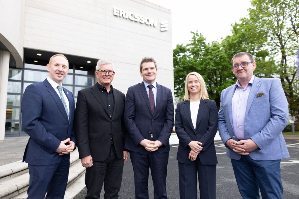 IDA boss Michael Lohan, Ericsson CEO Börje Ekholm, Employment Minister Peter Burke, Ericsson head of cloud Jenny Lindqvist and head of site Denis Dullea. Photo: Naoise Culhane