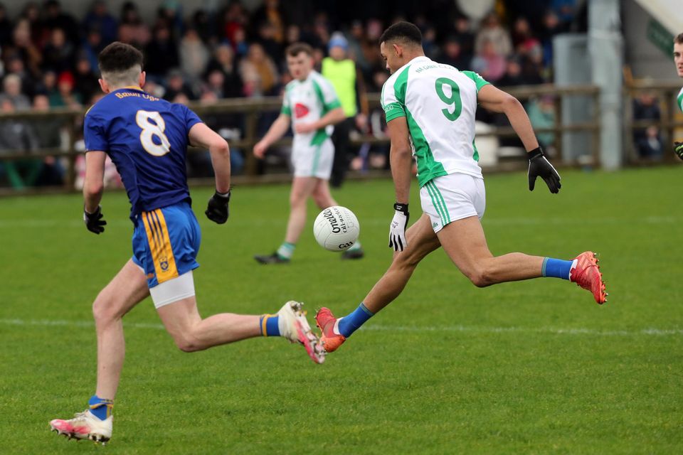 Stefan Okunbor in action for Na Gaeil against Steelstown before he suffered a serious shoulder injury late in the game. Photo by Michael Donnelly