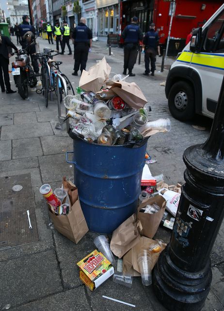 Extra rubbish barrels are put in place in Dublin city centre for St Patrick's Day