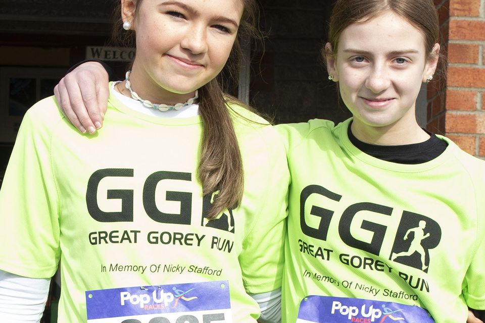 Caoimhe Byrne and Ella Mulcahy among the runners in the Great Gorey Run in memory of Nicky Stafford on Sunday morning. Pic: Jim Campbell