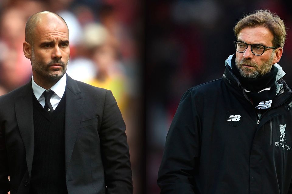 Pep Guardiola manager of Manchester City and Jurgen Klopp, Manager of Liverpool.  (Photo by Julian Finney/Getty Images) (Photo by Laurence Griffiths/Getty Images)
