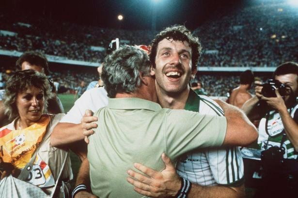 Gerry Armstrong with Billy Bingham after the win over Spain in 1982