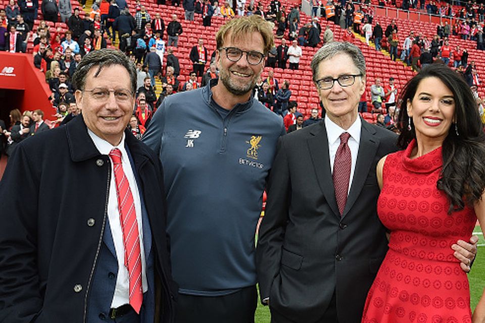 Liverpool Chairman Tom Werner poses with manager Jurgen Klopp and principle owner John W Henry and his wife Linda. (Photo by John Powell/Liverpool FC via Getty Images)