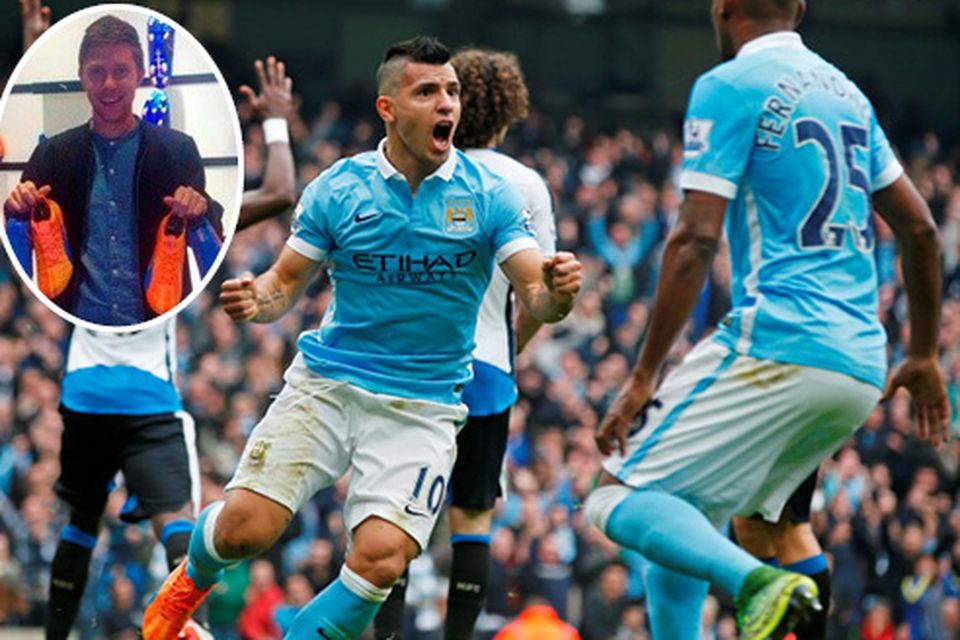 Sergio Aguero scored five goals at the weekend wearing boots designed by Con O'Brien (inset)