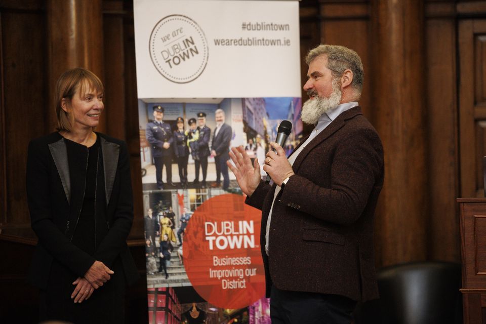 Janette Sadik Khan with Richard Guiney, CEO of Dublin Town, at the event in the Bank of Ireland on College Green. Pic: Damien Eagers